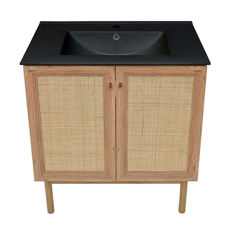 Classe 30 in. Brown Oak Bathroom Vanity With Black Ceramic Sink Top