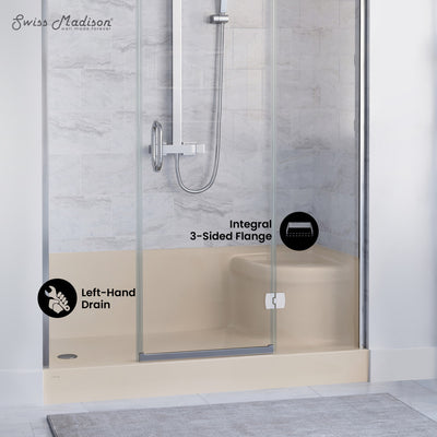 Aquatique 60" x 32" Single Threshold Shower Base With Left Hand Drain and Integral Right Hand Seat in Biscuit