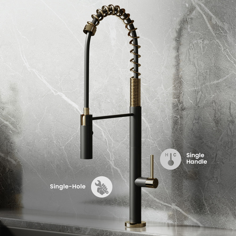 Chalet Single Handle, Pull-Down Kitchen Faucet in Brushed Gold and Black