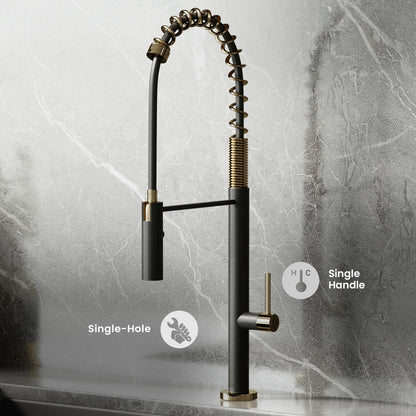 Chalet Single Handle, Pull-Down Kitchen Faucet in Brushed Gold and Black