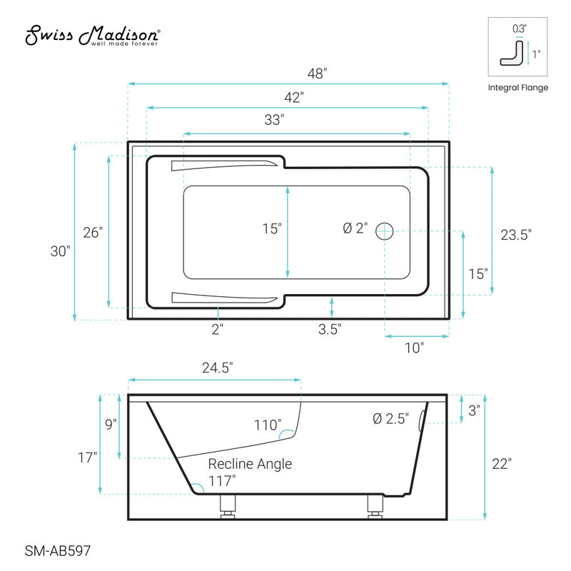 Voltaire 48" x 30" Right-Hand Drain Alcove Integrated Armrest Bathtub with Apron