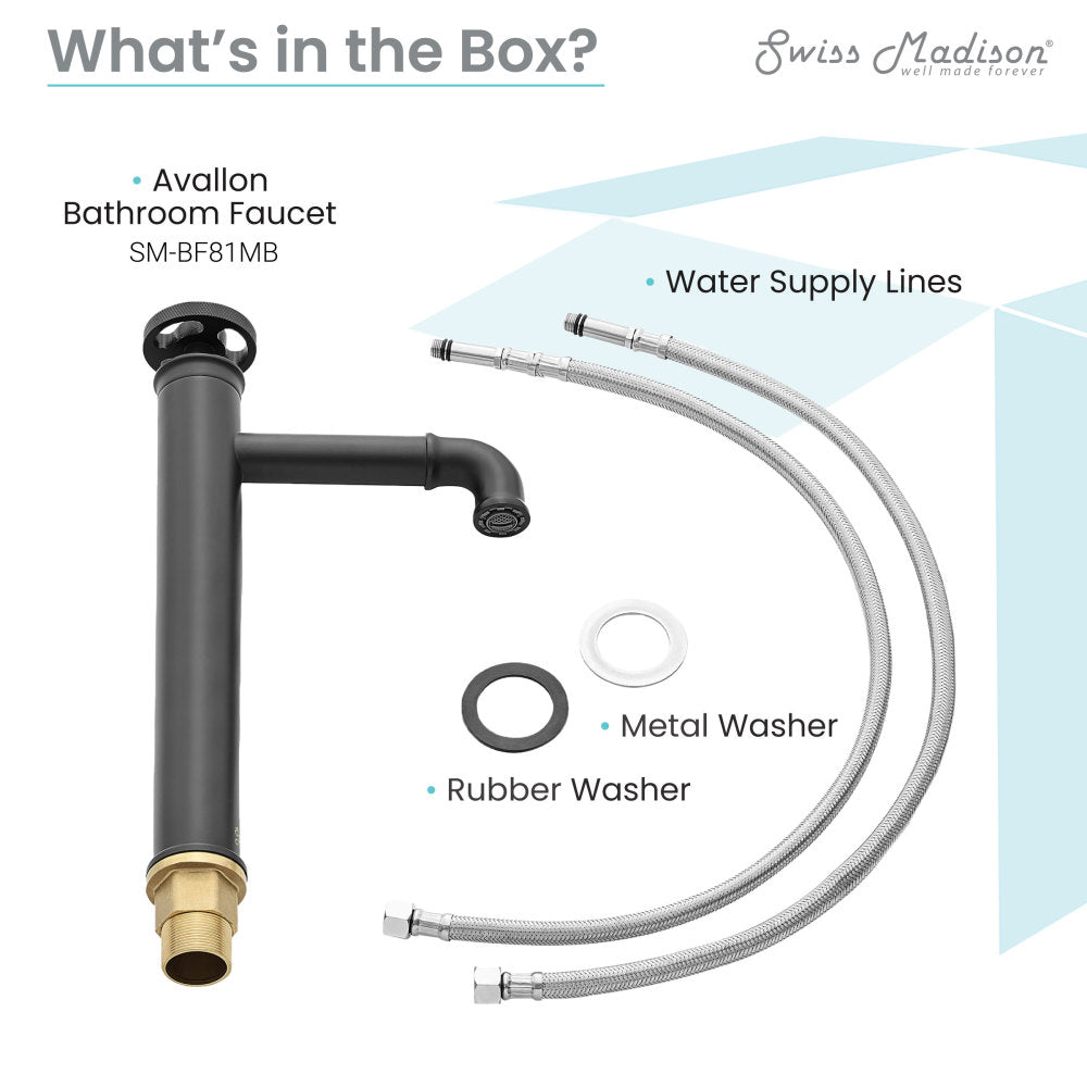 Single-handle high arc bathroom faucet in matte black with wheel handle and water supply lines.