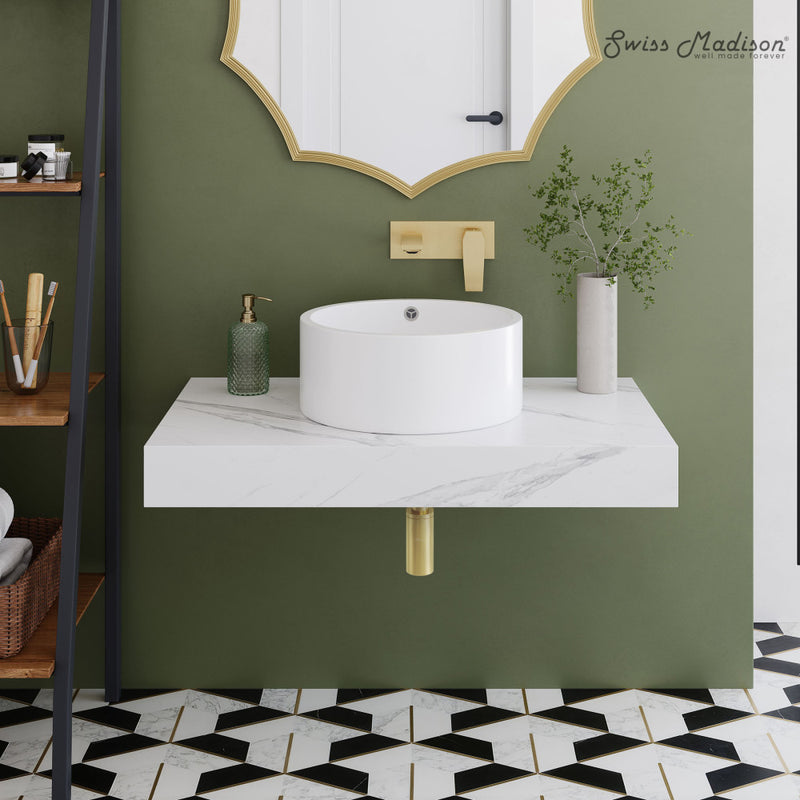 Monaco 36" Floating Bathroom Shelf with Vessel Sink in White Marble