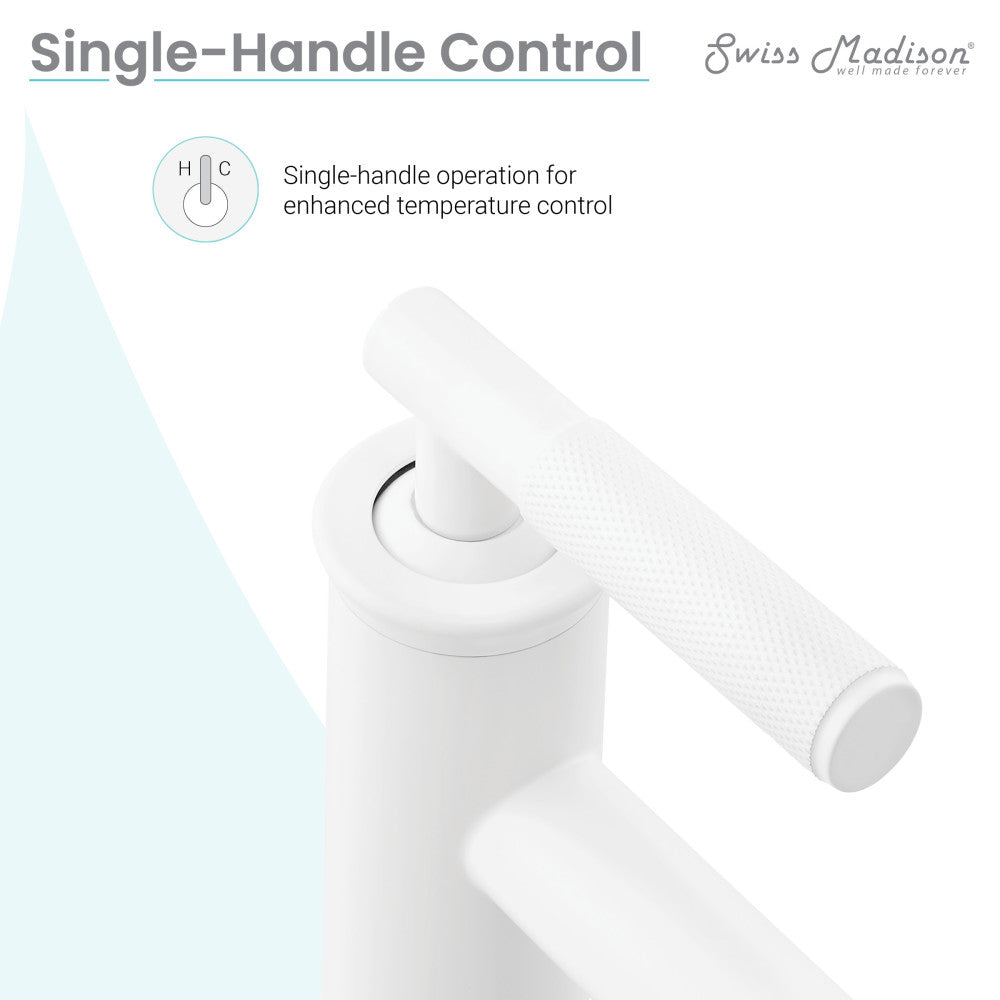 Single-handle bathroom faucet in matte white with sleek cylindrical design and textured handle grip.