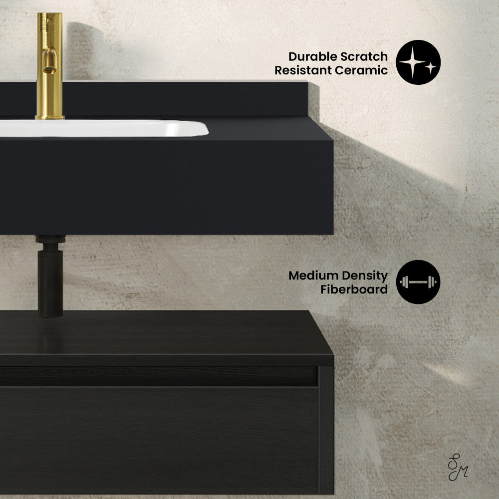 Avancer 36" Wall-Mounted Bathroom Vanity in Black Oak with Black Marble Sink Top