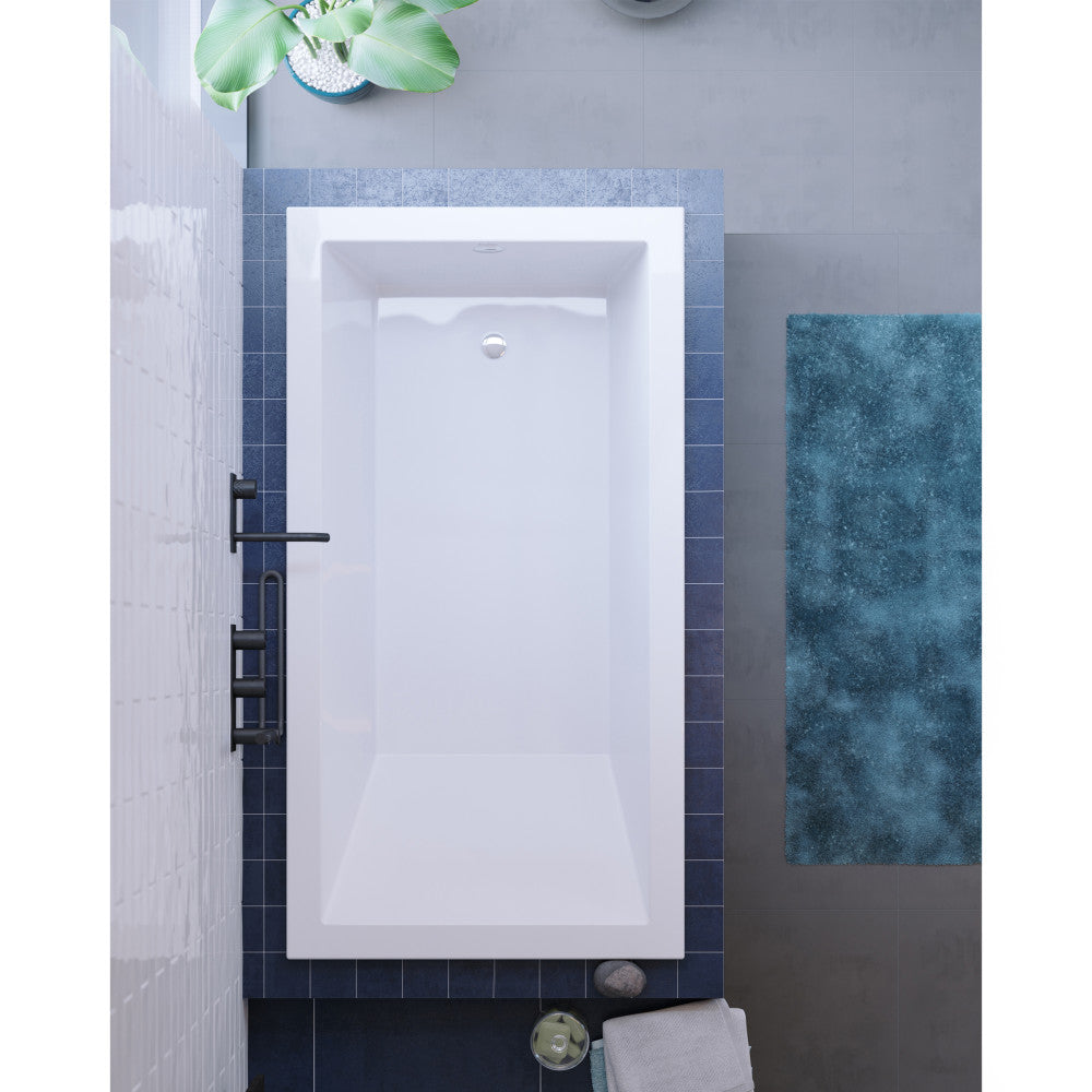 Rectangular drop-in bathtub 66 inch with reversible drain and black faucet fixtures.