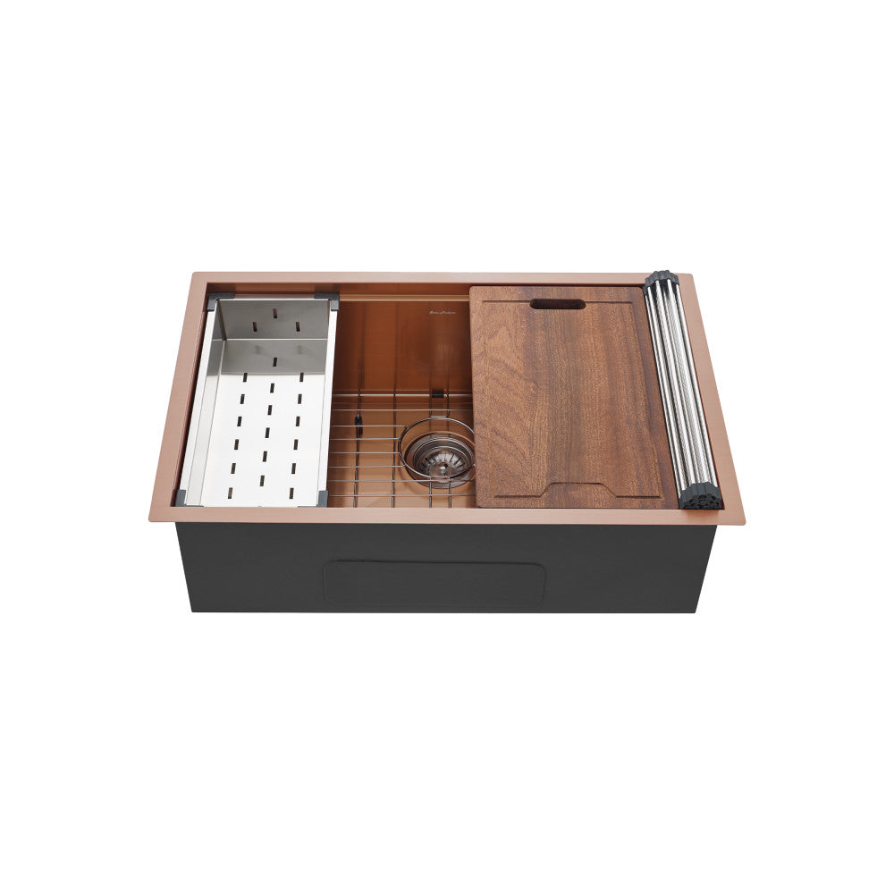 30 x 19-inch rose gold stainless steel undermount single basin kitchen workstation sink with accessories.