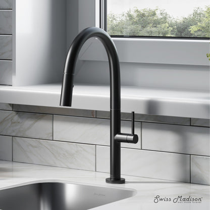 Pull-down kitchen faucet in matte black, single handle, high-arc spout.