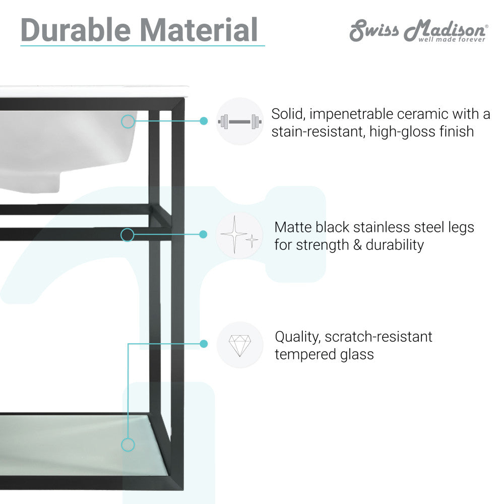 48-inch wall-mount metal frame bathroom vanity with open tempered glass shelf, matte black legs.