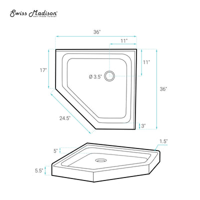 Voltaire 36" x 36" Acrylic White, Single-Threshold, Center Drain, Neo-angle Shower Base