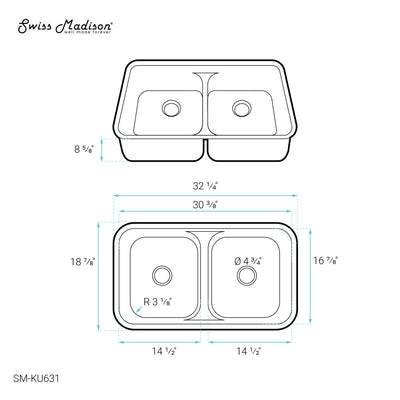 Toulouse 32 x 19 Low Divide Stainless Steel, Dual Basin, Under-Mount Kitchen Sink