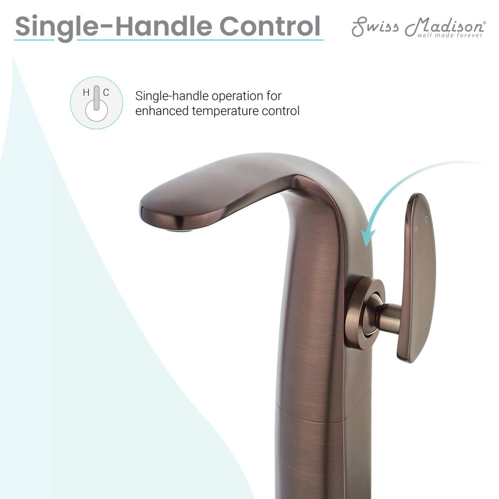 Single-handle high arc bathroom faucet in oil rubbed bronze with sleek lever control.