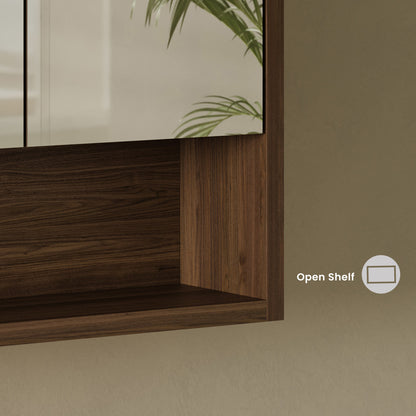 Delice 30 x 30 Rectangular Wall Mount Medicine Cabinet in Walnut with Open Shelf