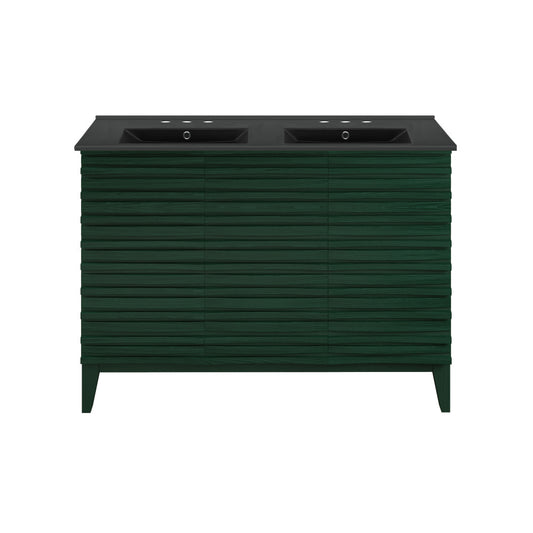 Cascade 48" Freestanding Bathroom Vanity in Green Oak with Black 3-Hole Centerset Double Basin Sink Top