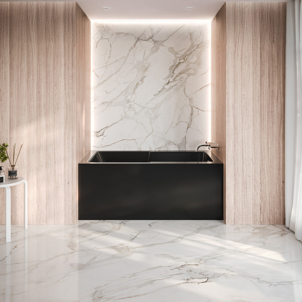 Voltaire 54 x 30 Skirted Right Drain Soaking Apron Bathtub in Glossy Black with Integrated Armrest