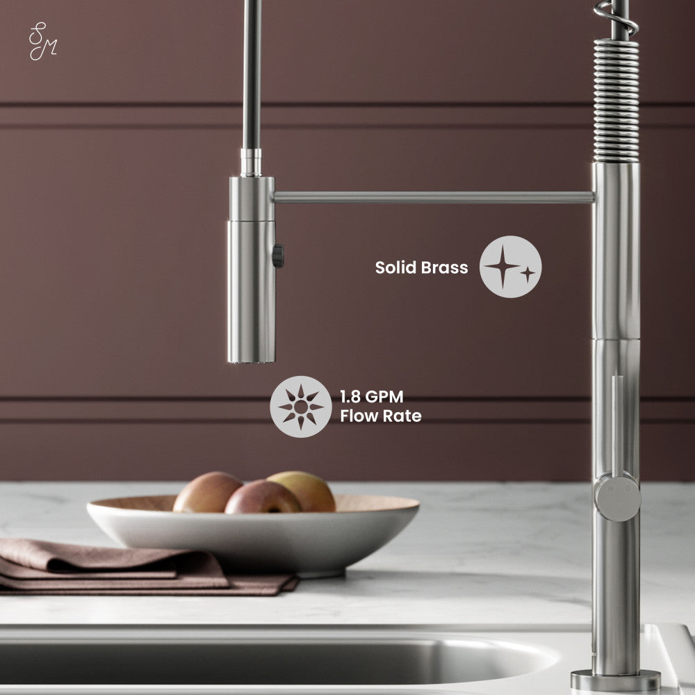 Single handle pull-down kitchen faucet in brushed nickel, solid brass construction, 1.8 GPM flow rate.