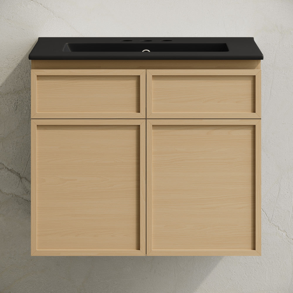 St. Tropez 24" Wall-Mounted Bathroom Vanity in Natural Oak with Black 3-Hole Widespread Sink Top