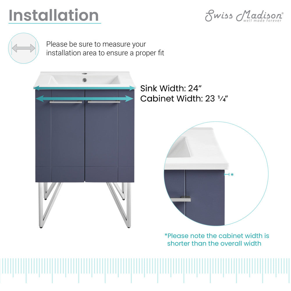 24-inch freestanding purple bathroom vanity with sink top and double doors, angled metal legs.