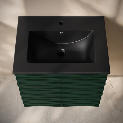 Cascade 24" Wall-Mounted Bathroom Vanity in Green Oak with Black Sink Top