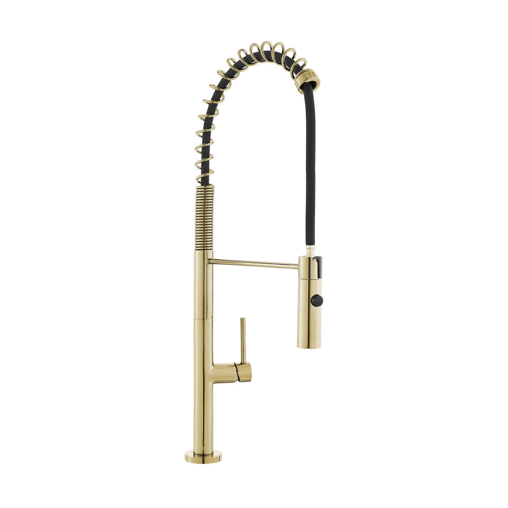 Single handle pull-down kitchen faucet in brushed gold with spring spout and spray head.