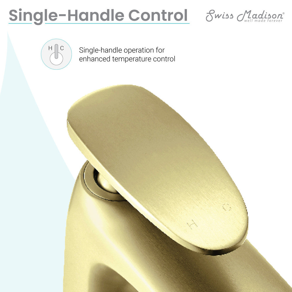 Single-handle bathroom faucet in brushed gold with smooth, oval lever control.