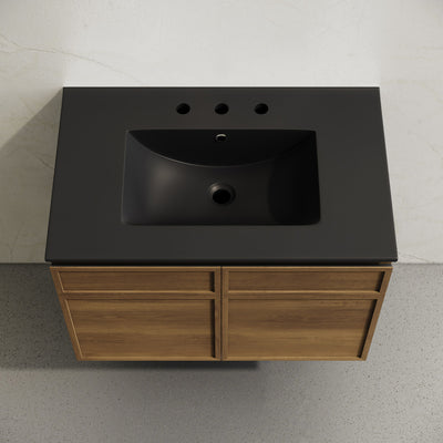 St. Tropez 30" Wall-Mounted Bathroom Vanity in Brown Oak with Black 3-Hole Widespread Sink Top
