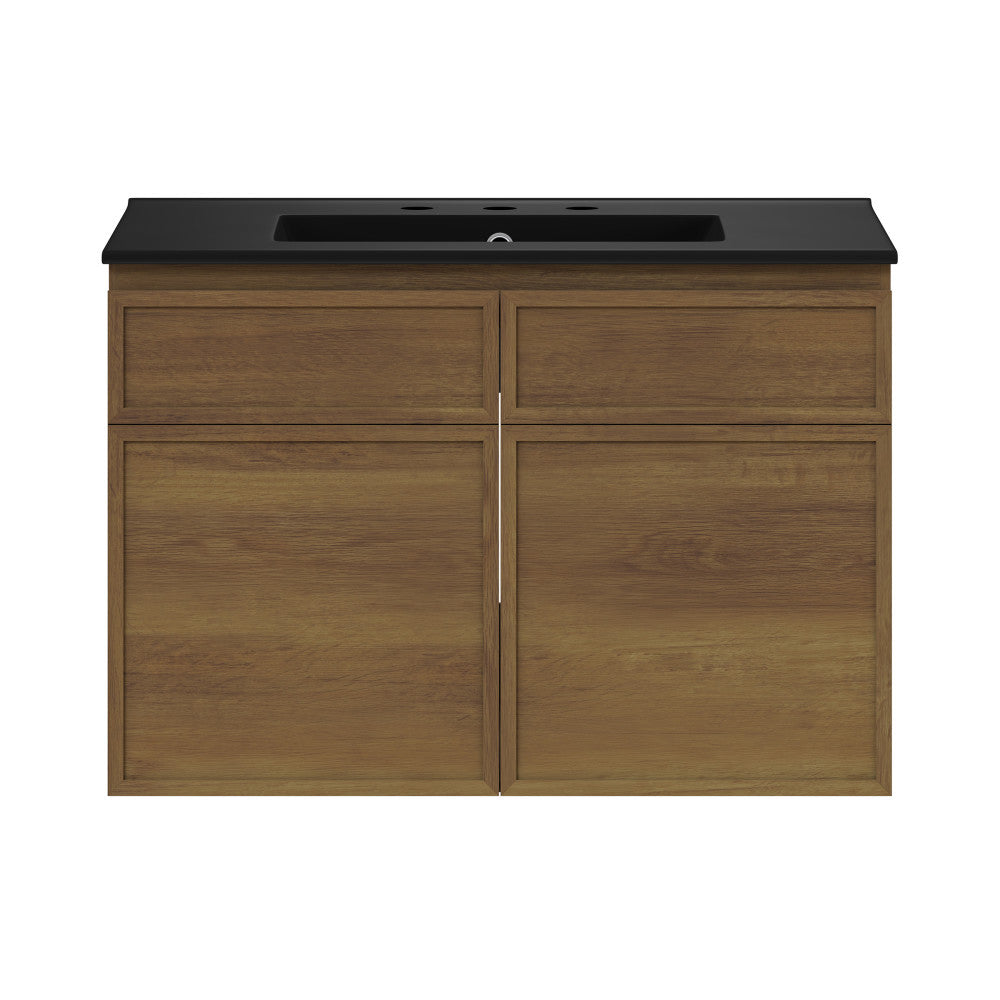 St. Tropez 30" Wall-Mounted Bathroom Vanity in Brown Oak with Black 3-Hole Widespread Sink Top