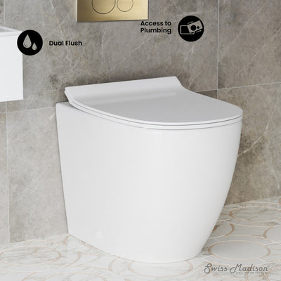 St. Tropez Back-to-Wall Toilet Bundle 0.8/1.6 GPF Dual Flush in Glossy White with Brass Flush Plate