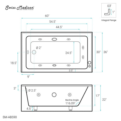 Avancer 60" x 36" Left-Hand Drain Rectangular Alcove Whirlpool Bathtub with Apron