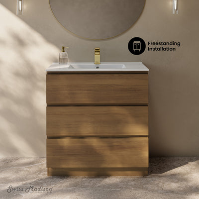 Liberte 30" Freestanding Bathroom Vanity in Brown Oak with Sink Top