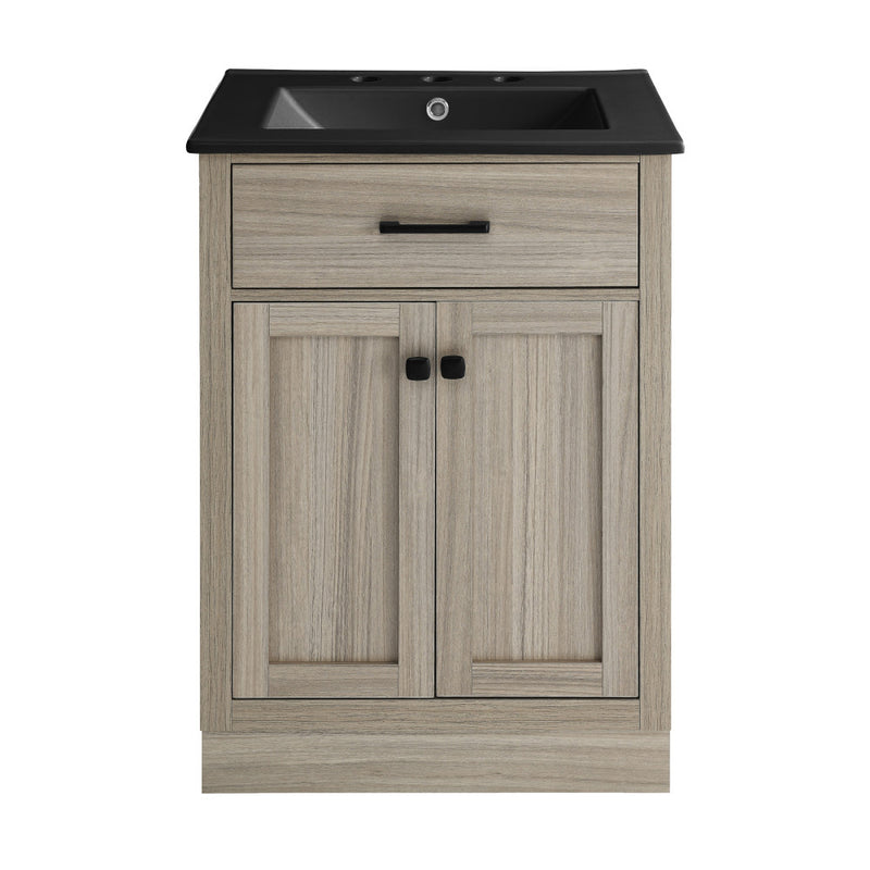 Burdon 24 in. Brown Oak Bathroom Vanity With Black, 3-Hole Ceramic Sink Top