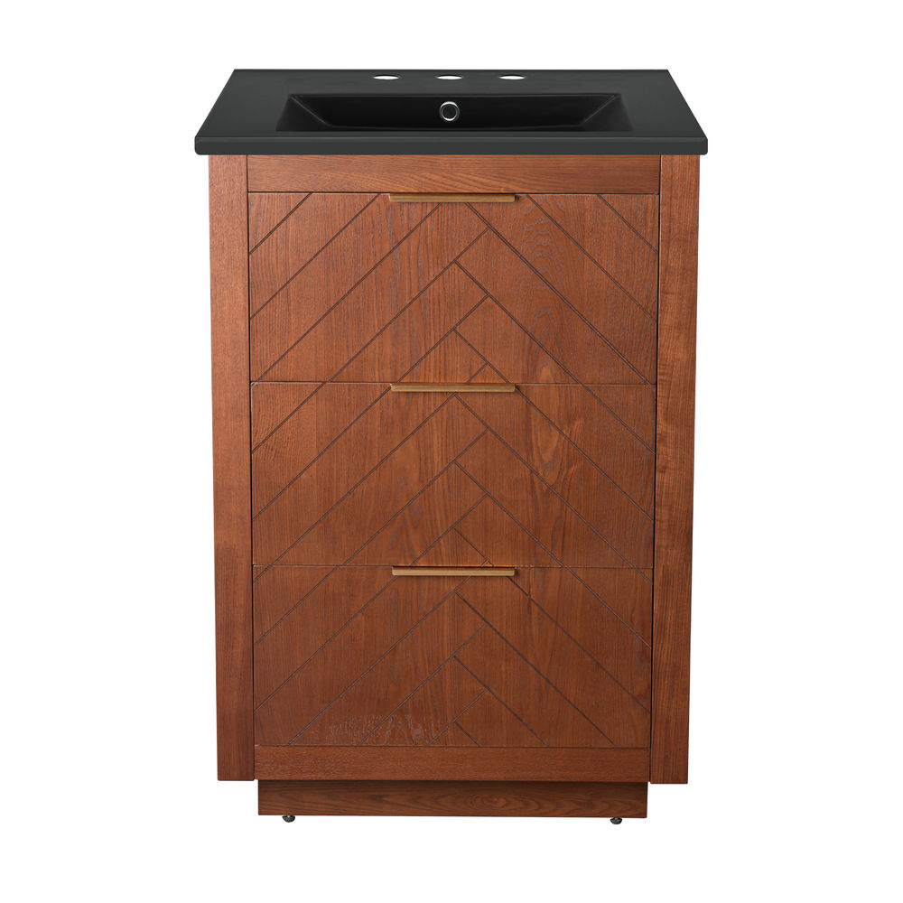 Daxton 24" Freestanding Bathroom Vanity in Brown Oak with Black 3-Hole Centerset Sink Top