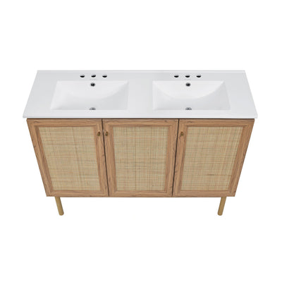 Classe 48 in. Brown Oak, Double Basin Bathroom Vanity With White, 3-Hole Ceramic Sink Top