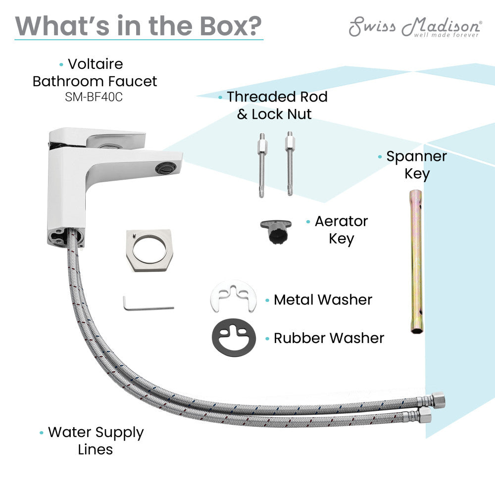 Single-handle bathroom faucet in chrome with threaded rod, aerator key, spanner key, and flexible water supply lines.