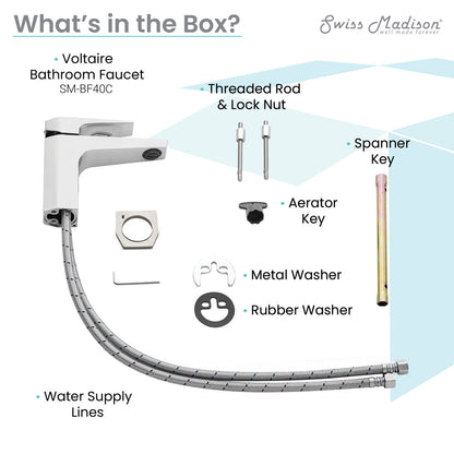 Single-handle bathroom faucet in chrome with threaded rod, aerator key, spanner key, and flexible water supply lines.