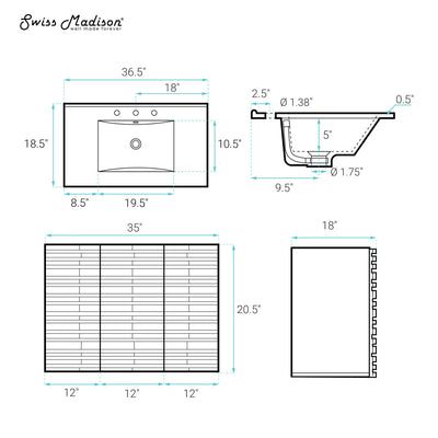 Cascade 36" Wall-Mounted Bathroom Vanity in Green Oak with 3-Hole Widespread Sink Top