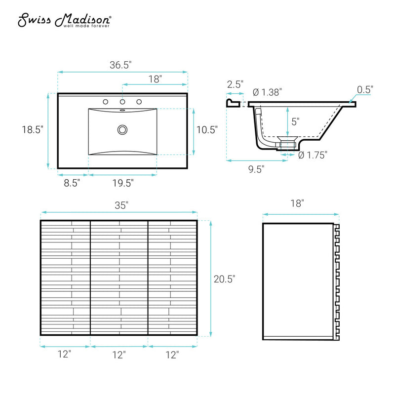 Cascade 36" Wall-Mounted Bathroom Vanity in Green Oak with 3-Hole Widespread Sink Top