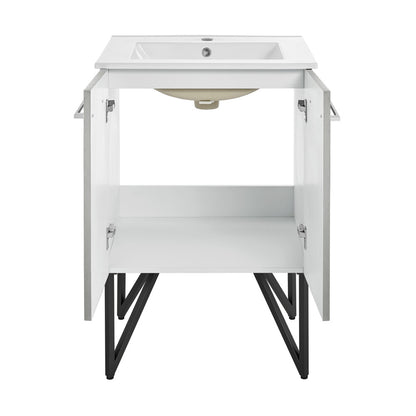 24-inch freestanding bathroom vanity in gray with single sink and metal frame legs.