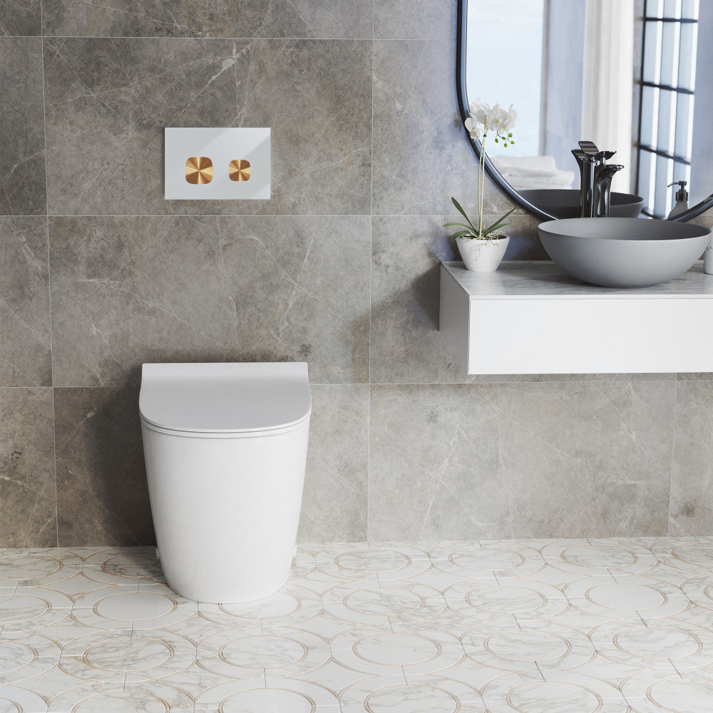 Verre Wall Mount Dual Flush Glass Actuator Plate in Glossy White with Copper Flush Buttons