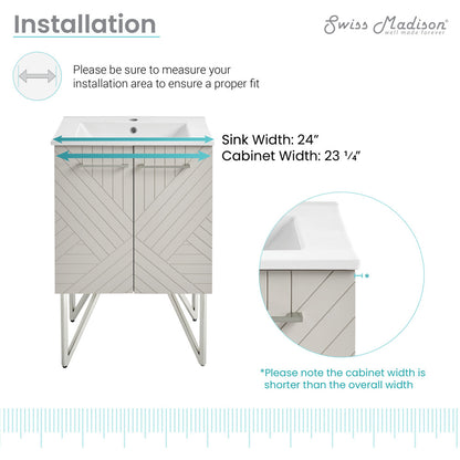 24-inch freestanding bathroom vanity in greige with sink top, soft-close doors.