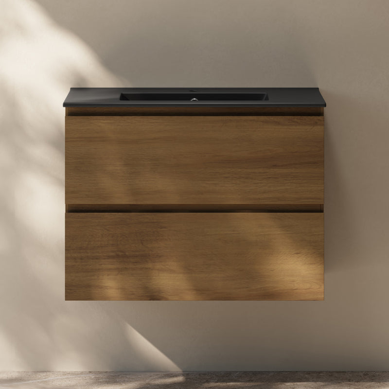 Liberte 30" Wall-Mounted Bathroom Vanity in Brown Oak with Black Sink Top