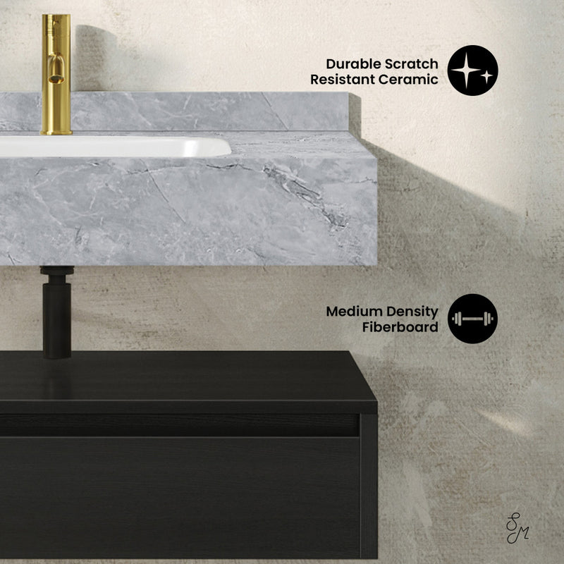 Avancer 36" Wall-Mounted Bathroom Vanity in Black Oak with Storm Grey Sink Top