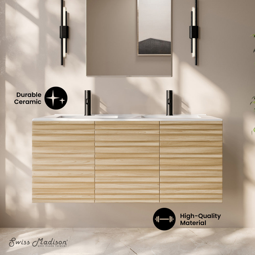 Cascade 48" Wall-Mounted Bathroom Vanity in Natural Oak with Double Basin Sink Top