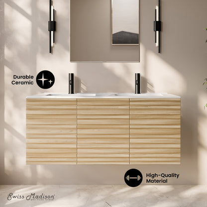 Cascade 48" Wall-Mounted Bathroom Vanity in Natural Oak with Double Basin Sink Top