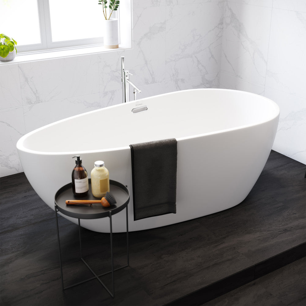 Freestanding bathtub faucet in chrome, single handle, sleek modern design.