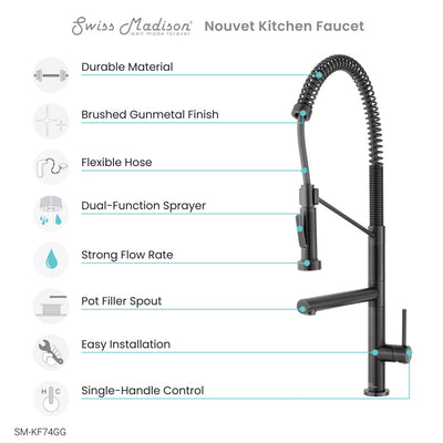 Nouvet Single Handle, Pull-Down Kitchen Faucet with Pot Filler in Gunmetal Grey