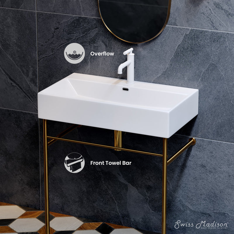 Claire 30 Ceramic Console Sink White Basin Brushed Gold Legs