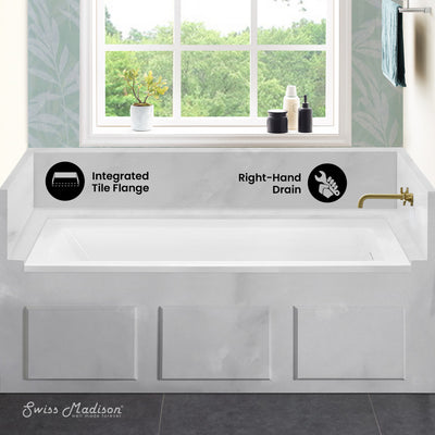 Voltaire 60 x 32 Right Drain Soaking Alcove Bathtub in Glossy White with Integrated Overflow, Drain Included