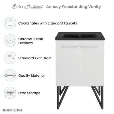 Annecy 24 in. White Bathroom Vanity With Black, 3-Hole Ceramic Sink Top