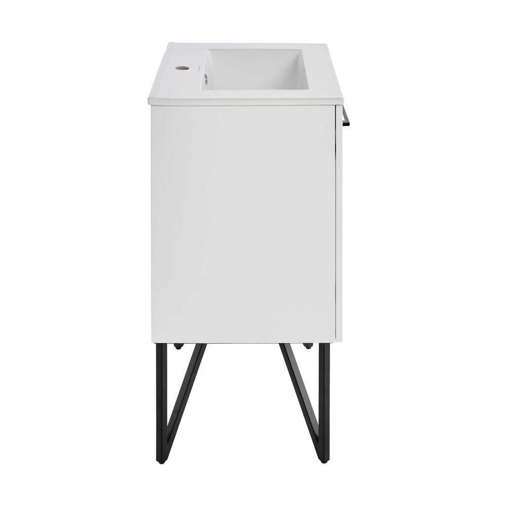 24-inch freestanding bathroom vanity in Mondrian White with single sink and black metal legs.